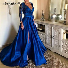 Royal Blue Plus Size Prom Dresses Sexy V Neck Lace Appliques Long Sleeve Front Split Formal Evening Dresses Party Gowns 2024 - buy cheap