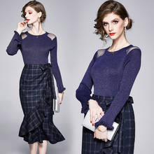 Spring Fashion Women Bright Silk Sweater + Western Irregular Skirt Two Piece Set Ladies knit Jumper + Plaid Skirt Suits Clothes 2024 - buy cheap