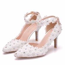 Sapatos de noiva bico fino renda branca, sapatos ponta fina cor ab para casamento, salto alto, feminino 2024 - compre barato