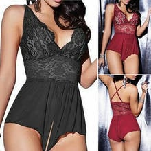 Body de renda com decote em v, lingerie sexy feminina de renda, decote profundo em v, costas abertas, roupa de dormir 2024 - compre barato