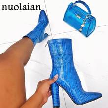 Bota feminina de couro artificial azul, calçado feminino salto alto 10.5cm, bota de neve 2024 - compre barato