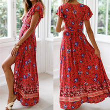 Vestido largo bohemio de verano con estampado Floral para mujer, ropa de noche con estampado de flores y cuello de pico, Maxi, informal 2024 - compra barato