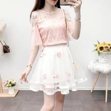2021 Women Spring Summer Vintage 2 Piece Set Lady O-neck Ruffles Shirt Print Pleated Mesh Skirt Set Female Casual Chic Suit F640 2024 - buy cheap