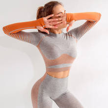 Macio de malha yoga topo manga longa sem costura fitness colheita superior com furos polegar treino camisas para mulher ginásio esporte wear 2024 - compre barato