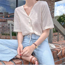 Blusa feminina casual de algodão, camiseta feminina casual de manga curta com renda bordada e renda 2024 - compre barato