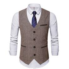 Moda vintage colete masculino botões terno colete fino casamento dos padrinhos de algodão com decote em v jaqueta sem mangas 2024 - compre barato