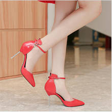 Crossdresser shoes zapatos mujer 10cm thin heels Pink women wedding Pumps Bridal Ankle Strap Patent Leather Stiletto sapato 2024 - buy cheap