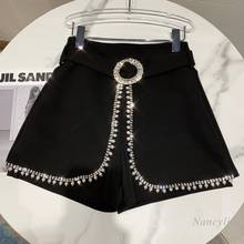 2021 Spring New Fashion Pearl Beaded Edge Elegant Women's Shorts Belt Waist Solid Color Lady Casual All-Match Short Trousers 2024 - buy cheap