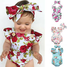 Macacão floral fofo, 2 peças, roupas de bebê para meninas, macacão + tiara para recém-nascidos de 0 a 24 meses, conjunto de roupas recém-nascidas 2024 - compre barato