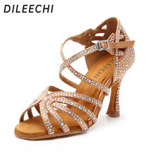 DILEECHI Latin Dance Shoes Women Party Dance Shoes Satin Bright rhinestones Soft Bottom Woman Dance Shoes Salsa bronze heel 9cm 2024 - buy cheap