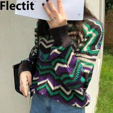 Женский трикотажный пуловер Flectit в контрастную полоску, с длинным рукавом и круглым вырезом 2024 - купить недорого
