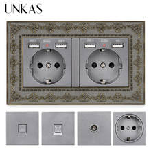 UNKAS-enchufe europeo/francés con doble puerto USB + TV, RJ11, teléfono, RJ45, Internet, ordenador, Jack de 146mm x 86mm, Panel de aleación de Zinc 4D gris 2024 - compra barato
