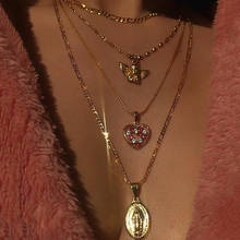Набор золотых ожерелий в богемном стиле, 4 шт./компл., модное ожерелье с подвеской в виде сердца, ангела, Девы Марии, цепочки, колье с кристаллами, индивидуальные украшения 2024 - купить недорого