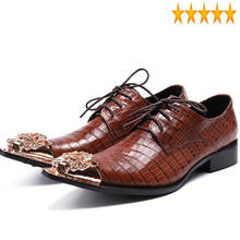 Zapatos de vestir de cuero para hombre, calzado Formal con punta de Metal para boda, fiesta, negocios, marrón, auténtico, británico 2024 - compra barato
