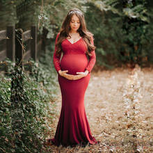 Vestidos de maternidad de encaje de sirena para mujeres embarazadas, maxivestido de manga larga para sesión de fotos del embarazo, rojo, nuevo 2024 - compra barato