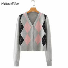 Women Cardigan Vintage Geometric Print Short Knitted Sweater 2020 Casual Long Sleeve English Style Outerwear Tops 2024 - buy cheap