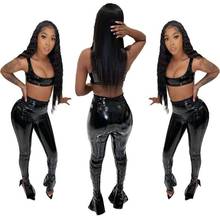 Sexy Tank Top Pu Leather Two Piece Set Bottom Slit Flare Pants Women Night Party Club Outfits Summer Spring Active Wear Clothes 2024 - buy cheap