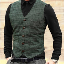 Dark Green Plaid Vest For Men Wool Tweed Casual Slim Fit Waistcoat Formal Business Suit Vest For Groomsmen For Wedding，New 2024 - buy cheap