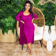 VAZN 2020 Hot High-end Knit Outfits Sexy Office Sweet Young Solid Full Sleeve X-Long Cloth Midi Dress Slim Women 2 Piece Set 2024 - buy cheap