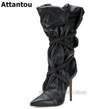 Женские ботинки с острым носком, черные плиссированные ботинки на тонком высоком каблуке, с перекрестной шнуровкой, размер 45 2024 - купить недорого