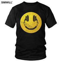 Funny Music Smile T-Shirt Retro Urban Cotton T Shirt Men's Short Sleeve Round Neck Headphone Graphic Tees Hip Hop Fashion Tops 2024 - buy cheap