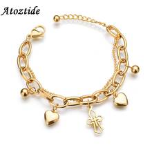 Atoztide Charm Double Layers 2 Heart Cross Bracelets For Women Stainless Steel Adjustable Gold Round Chain Bracelets With Beads 2024 - buy cheap