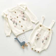 Conjunto infantil de outono para meninas, macacão de malha para bebês recém-nascidos, suéter floral de algodão 2024 - compre barato