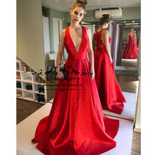 Sexy Red V Neck Plus Size Evening Dresses 2020 A Line Knot Bow Cheap Long Satin Formal Dresses Evening Wear Party Gowns 2024 - buy cheap
