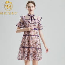 Runway Summer Fashion Vintage Short Dress Women Lace Flare Sleeve Patchwork Ruffles Mesh Gorgeous Floral Print Party Dresses 2024 - buy cheap