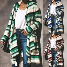 Autumn Sweater Women Long Sleeve Patchwork Knitted Open Front Rainbow Striped Cardigan Women Coat Sueter Mujer Invierno 2022 2024 - buy cheap