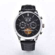 Parnis relógio masculino de 43mm, relógio mecânico automático de caixa de prata, calendário permanente, pulseira de couro preto, marca 2020 2024 - compre barato