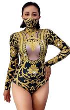 Nightclub Bar Lead Dancer Carnival Dress Up Party costume Gold crystal jumpsuit singer bodysuit with facemask 2024 - buy cheap