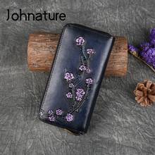 Johnature-billeteras Vintage de cuero genuino para mujer, Cartera de piel de vaca natural hecha a mano, Cremallera larga en relieve para teléfono, tarjetero, 2021 2024 - compra barato