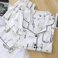 2021 White Cotton Pajamas Women Long Sleeve Loungewear Home Clothes Cartoon Cat Sleepwear Female Two Piece Set Homewear Suits 2024 - buy cheap
