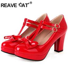 REAVE gato 2021 primavera pajarita T-atado bombas Mary Jane del dedo del pie redondo PU con hebilla dulce 9cm tacones tamaño 33-46 A4088 rojo rosa 2024 - compra barato