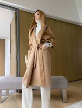 2021 women's fashion  luxury water ripple surface  bathrobe design woolen coat with belt hooded 2024 - buy cheap