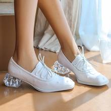 10 Womens Pointy Toe Genuine Leather Rhinestones Strange Crystal Clear Heel Pumps Low Top Shoes Lace Up White OL Plus Size 2022 2024 - buy cheap