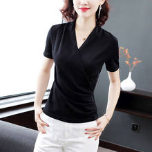 Blusa feminina casual manga curta gola v, camiseta feminina estilo primavera verão dd8892 2024 - compre barato