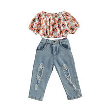 2021 1-6Y Fashion Sumer Kids Baby GIrl Clothing Set Flower Full Print Off Shoulder Blouse+Holes Denim Pants Long Trousers 2pcs 2024 - buy cheap