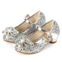 Princess Kids Leather Shoes For Girls Flower Casual Glitter Children High Heel Girls Shoes Butterfly Knot Blue Pink Silver 2024 - buy cheap
