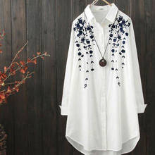 100% algodão primavera camisa de manga comprida blusa feminina solta longo topos flor bordado blusa plus size casual camisas brancas d201 2024 - compre barato
