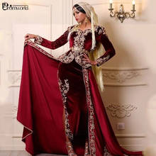 Long Sleeves Mermaid Islamic Muslim Evening Dresses Burgundy Gold Lace Appliques Velvet Algerian Outfit Formal Prom Gowns 2024 - buy cheap