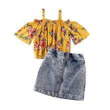 Roupa de verão para crianças, vestido para meninas, roupas florais fora do ombro, camisa + mini saia jeans, conjunto de roupas florais de verão para 1-6 anos 2024 - compre barato