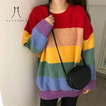 Heyvestido 2019 blusa de arco-íris feminino, pulôver listrado harajuku pulôveres de grandes dimensões, tricô vintage coreano 2024 - compre barato