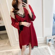 2019 NEW Summer Satin Robe Set Long Sleeve Lace Trim Sleepwear Nightgown Sexy Female Rayon Home Dress Sleep Suit Nightwear 2024 - buy cheap