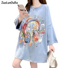 ZuoLunOuBa-Camiseta creativa de verano para mujer, blusa abstracta con estampado de auriculares, Harajuku, decoración de encaje, camisetas azules de manga corta sueltas 2024 - compra barato