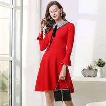 High Quality Sweater Dress 2020 Spring Autumn Casual Vestidos Women Color Block Lace Patchwork Flare Sleeve Black Red Dress 2024 - buy cheap