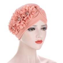 Turbante com flor de diamante, turbante feminino, cor sólida, lenço de cabeça muçulmano, interno, hijabs, chapéu indiano 2024 - compre barato