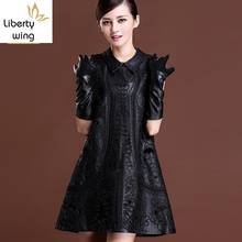 Top Brand Women Winter Sheepskin Genuine Leather Black Floral Embroidery Lolita Dresses Party Sexy Mini Sleeveless Dress 2024 - buy cheap