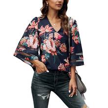 Женская блузка с винтажным принтом, рубашка с v-образным вырезом и рукавом три четверти, летняя шифоновая рубашка-пуловер, 2020 2024 - купить недорого